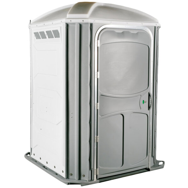 A white PolyJohn wheelchair accessible portable restroom with the door open.