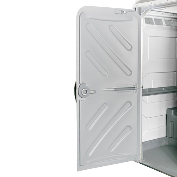 A close-up of the white metal door on a PolyJohn Comfort XL wheelchair accessible portable restroom.