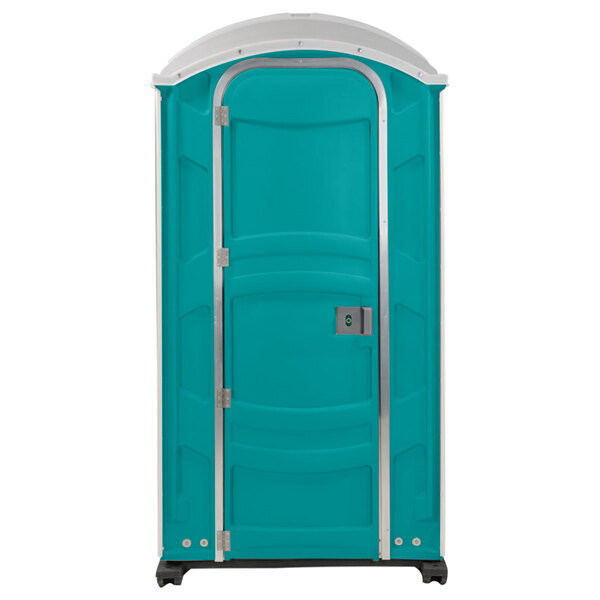 A blue and silver PolyJohn portable toilet with a translucent top.