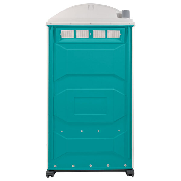 A blue and white PolyJohn portable toilet with a translucent top.