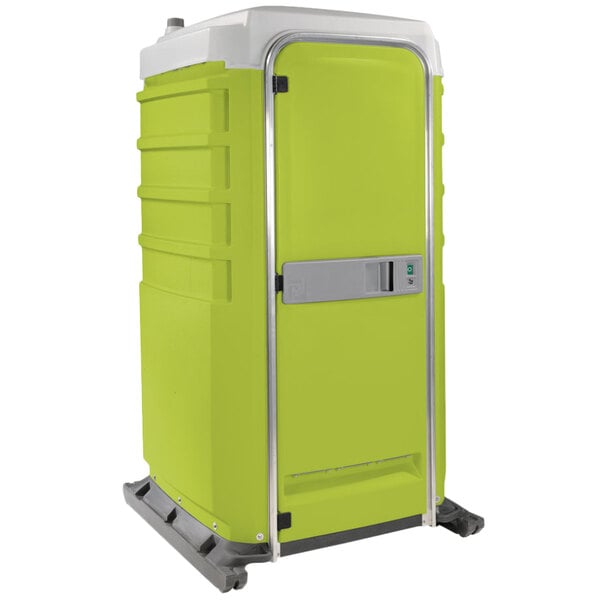 A green and silver PolyJohn portable toilet.