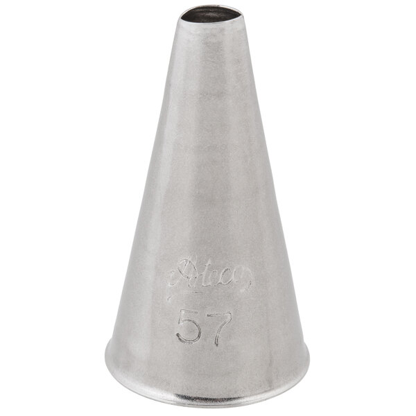 A silver Ateco oval piping tip with the number 57 on it.