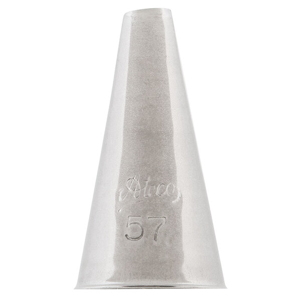 A silver oval-shaped cone with the number 57 on it.