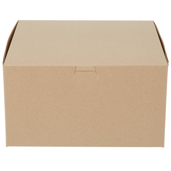 A close-up of a brown Kraft cake box with a lid.