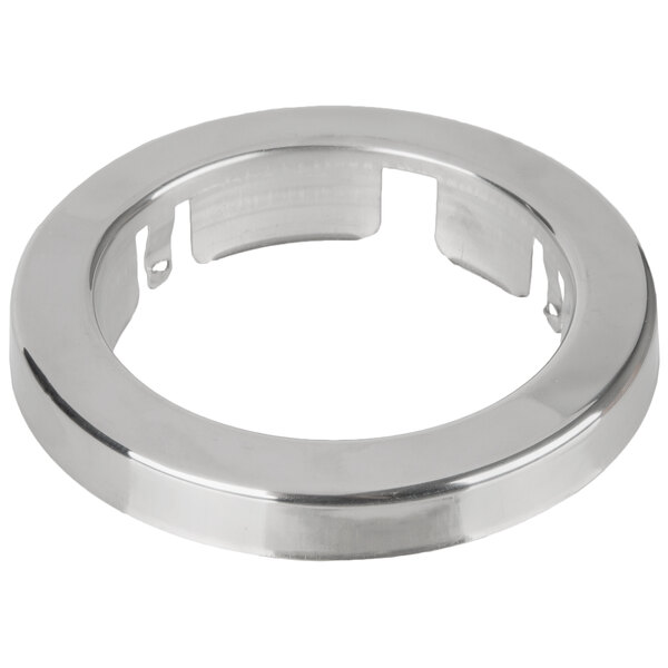 A round stainless steel trim ring with holes in the center.