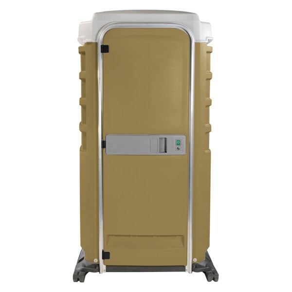 A close-up of a PolyJohn tan portable restroom with a lid.