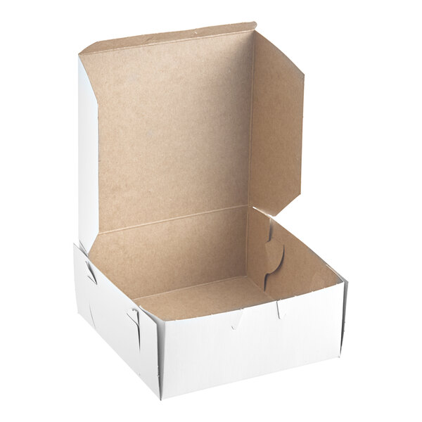 A white, square, cardboard bakery box with an open lid, designed for pies or baked goods.