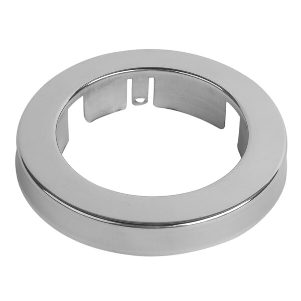 A silver stainless steel circular trim ring with a hole in the center.