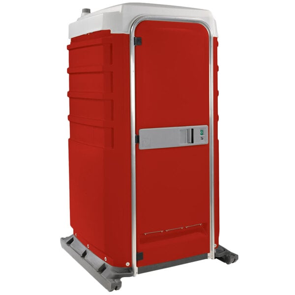 A red and white PolyJohn portable toilet.