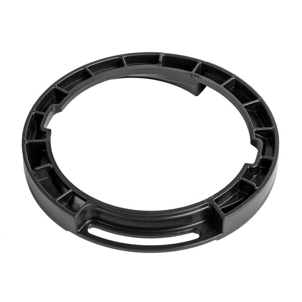 A black plastic circular ring with a hole in the middle.