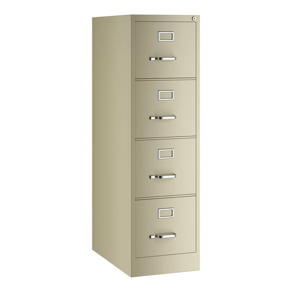 A beige four-drawer vertical file cabinet designed for letter-sized documents.