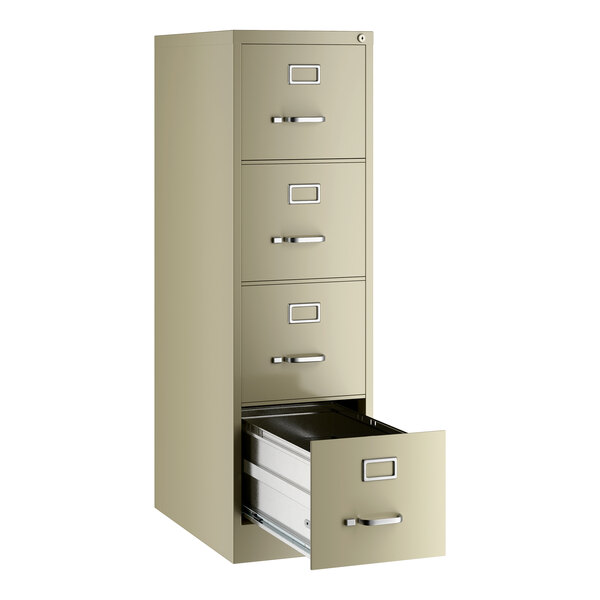 A beige four-drawer vertical file cabinet with one drawer open.