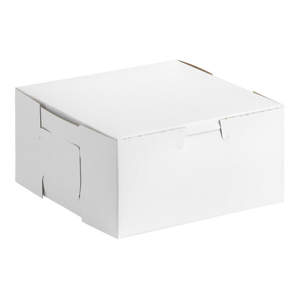 A plain white, rectangular bakery box with a fold-over lid, measuring 6 by 6 by 3 inches.