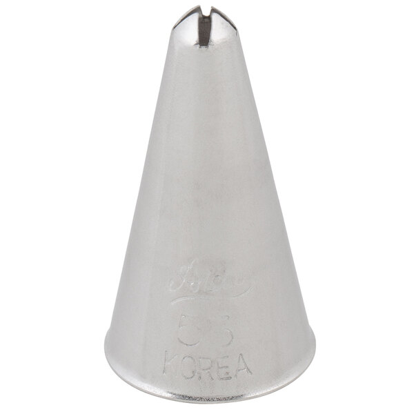 A silver cone-shaped Ateco 53 piping tip.