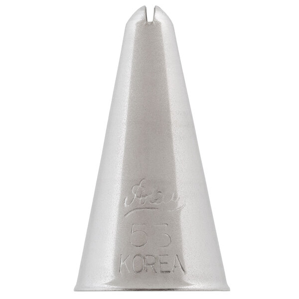A silver cone-shaped Ateco 53 piping tip.