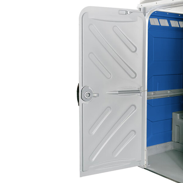 The blue door of a PolyJohn Comfort XL wheelchair accessible portable restroom.