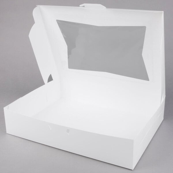 A large white bakery box with a clear window on the lid, designed for cakes or baked goods.