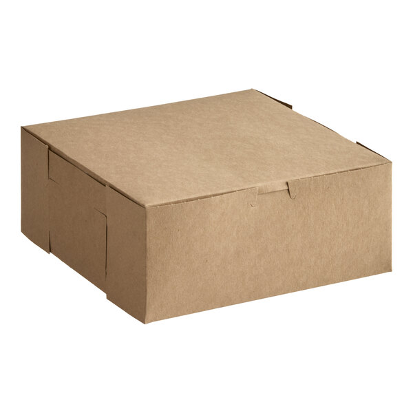 A plain kraft-colored, square bakery box with a closed lid.