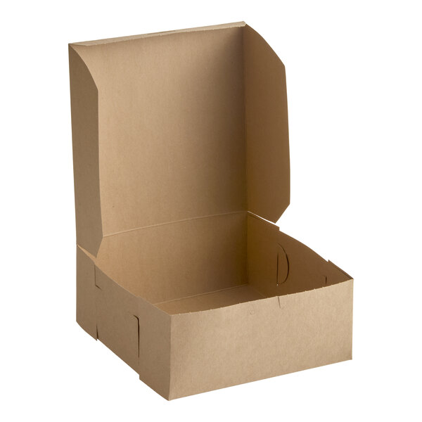 A plain kraft-colored cardboard bakery box with an open lid, measuring 10 inches by 10 inches by 4 inches.