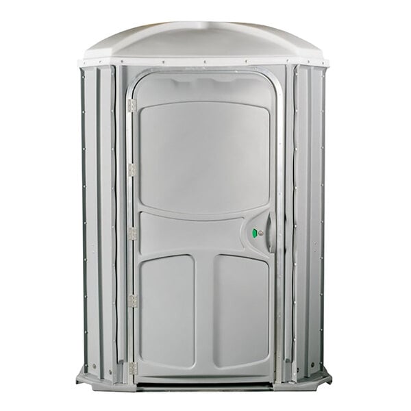 A grey PolyJohn portable toilet with a door.