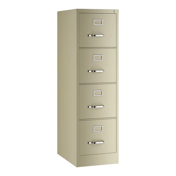 A putty-colored four-drawer vertical letter file cabinet.