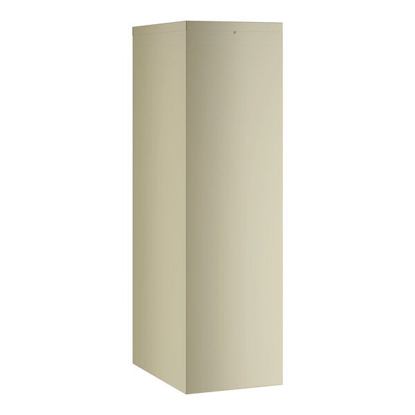 A tall, beige four-drawer vertical letter file cabinet.