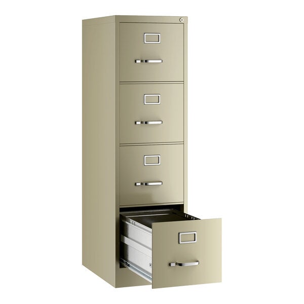 A four-drawer vertical letter file cabinet in a putty color with one drawer open.