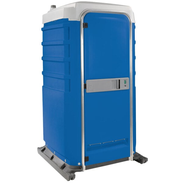 A blue and white PolyJohn portable toilet.