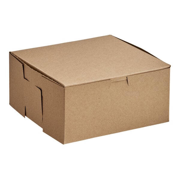 An 8 inch by 8 inch by 4 inch kraft paper bakery box with a closed lid.
