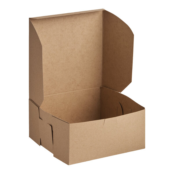 An open kraft paper bakery box measuring 8 inches by 8 inches by 4 inches.
