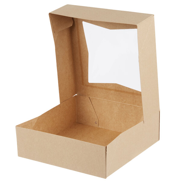 An open kraft bakery box with a clear window on the lid, measuring 8 by 8 by 2.5 inches.