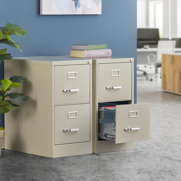 A Hirsh Industries putty vertical letter file cabinet with two drawers in front of a plant.