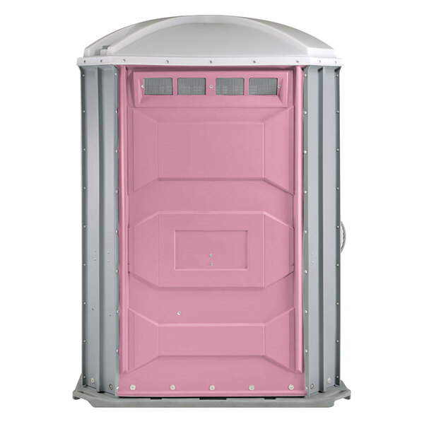 A PolyJohn wheelchair accessible portable toilet with a pink door and grey accents.