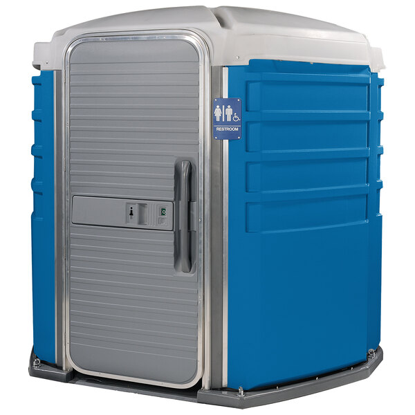 A blue and white PolyJohn wheelchair accessible portable toilet.