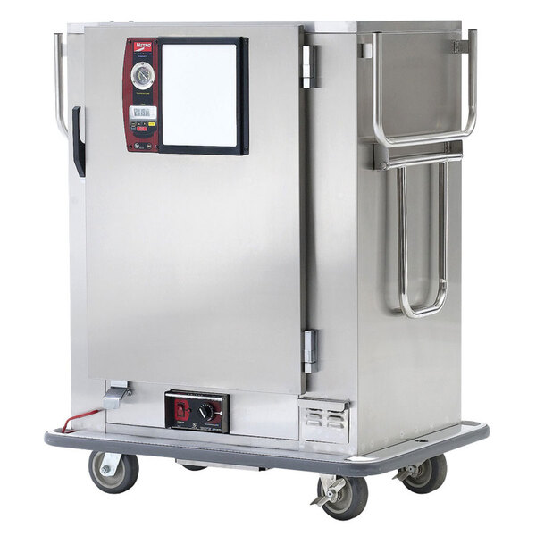 A Metro stainless steel heated banquet cabinet on wheels.