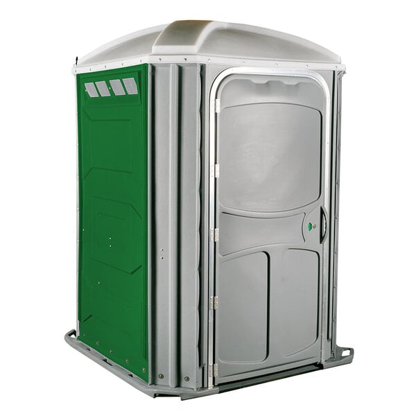 A PolyJohn wheelchair accessible portable toilet with a green and grey door.