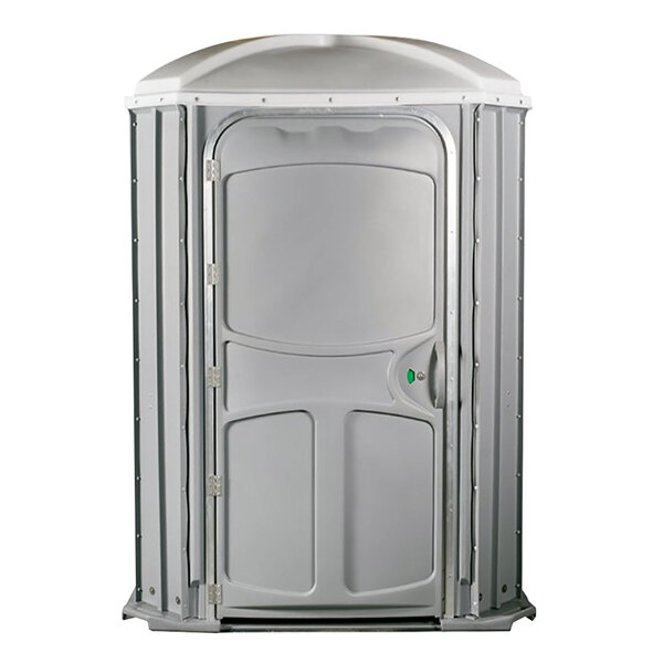 A PolyJohn wheelchair accessible portable restroom with a grey door.