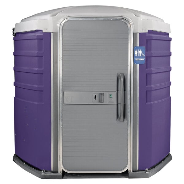 A PolyJohn purple and white wheelchair accessible portable toilet with a purple door.