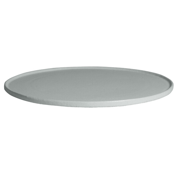 A white steel G.E.T. Enterprises round disc with a rim on a white background.