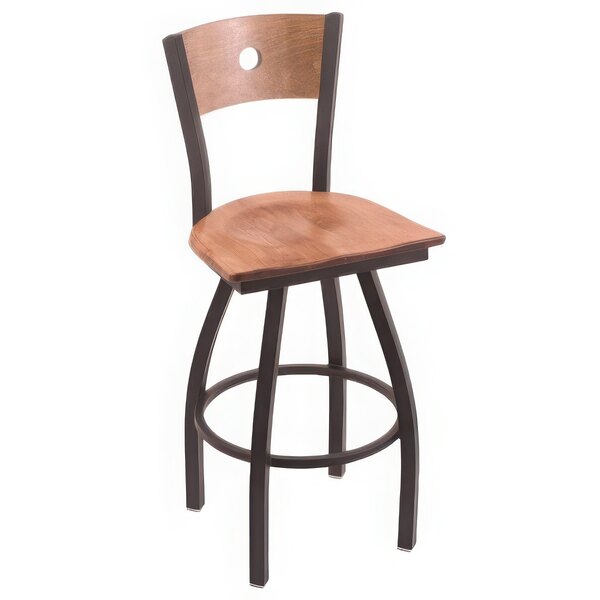 A Holland Bar Stool black wrinkle steel barstool with medium maple wood seat and back.