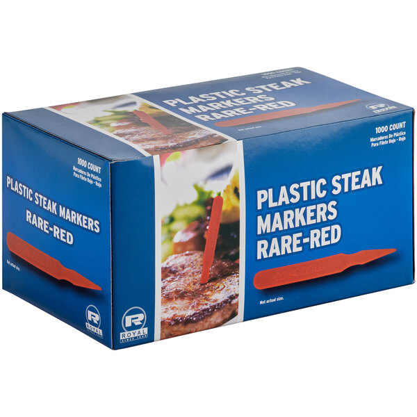 A blue box of Royal Paper red plastic steak markers.