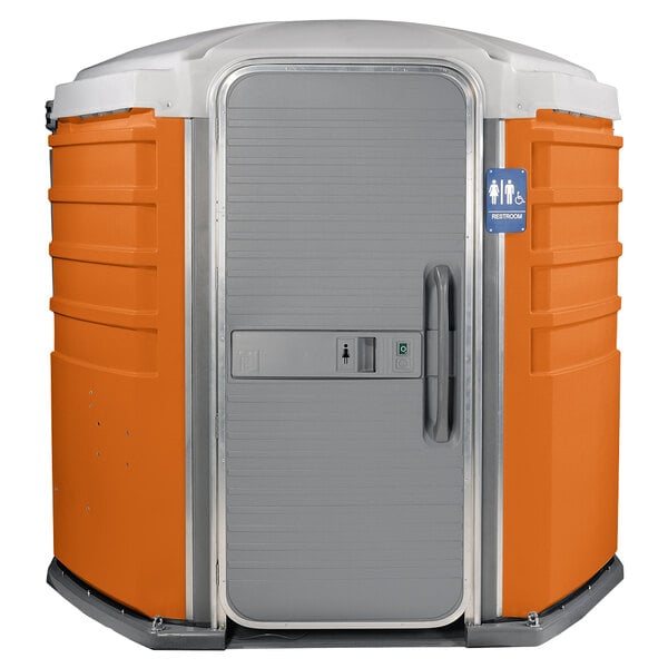 A PolyJohn wheelchair accessible portable toilet with an orange door.