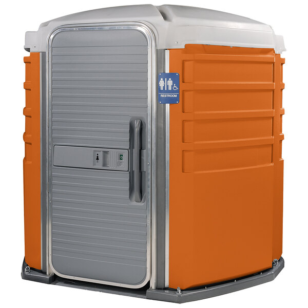 A PolyJohn wheelchair accessible portable toilet with a gray and orange door.