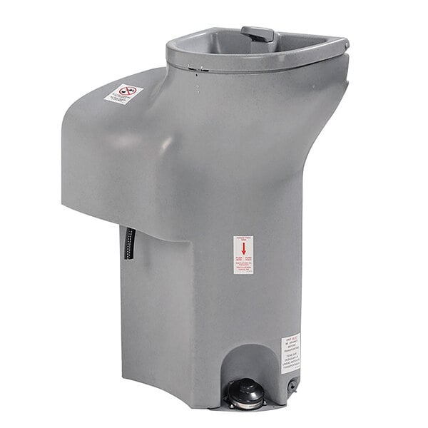 A grey PolyJohn hand sink with a white background.