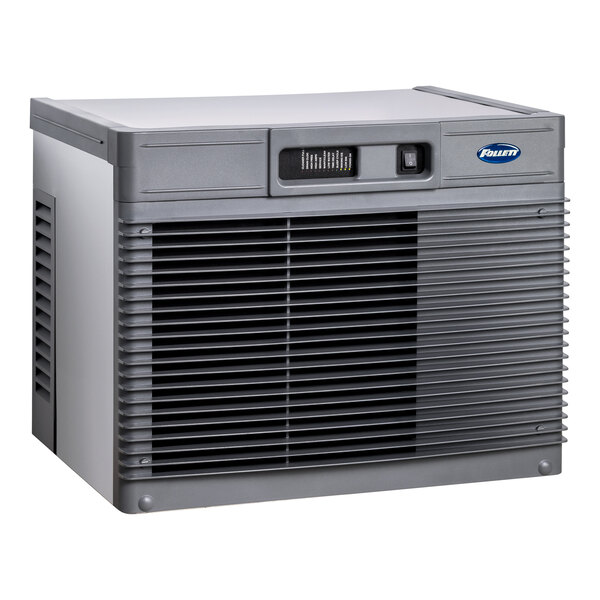 A large, rectangular, water-cooled commercial ice machine with a vented front panel and control display.
