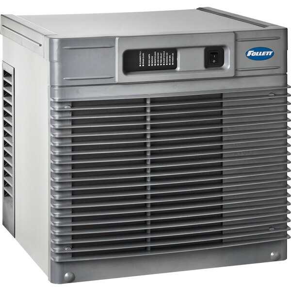 A grey rectangular Follett Maestro Plus air cooled ice machine with a vent.