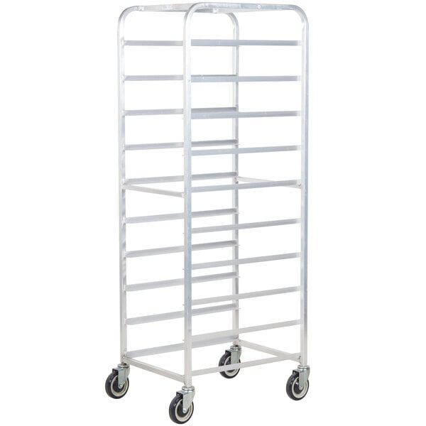 A Winholt silver metal platter rack with wheels.