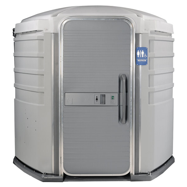 A light grey PolyJohn wheelchair accessible portable toilet with a door open.