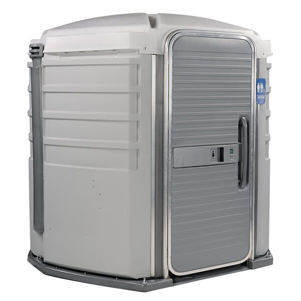 A PolyJohn wheelchair accessible portable toilet with a door.