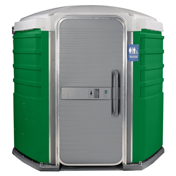 A PolyJohn wheelchair accessible portable toilet with a green and white door.